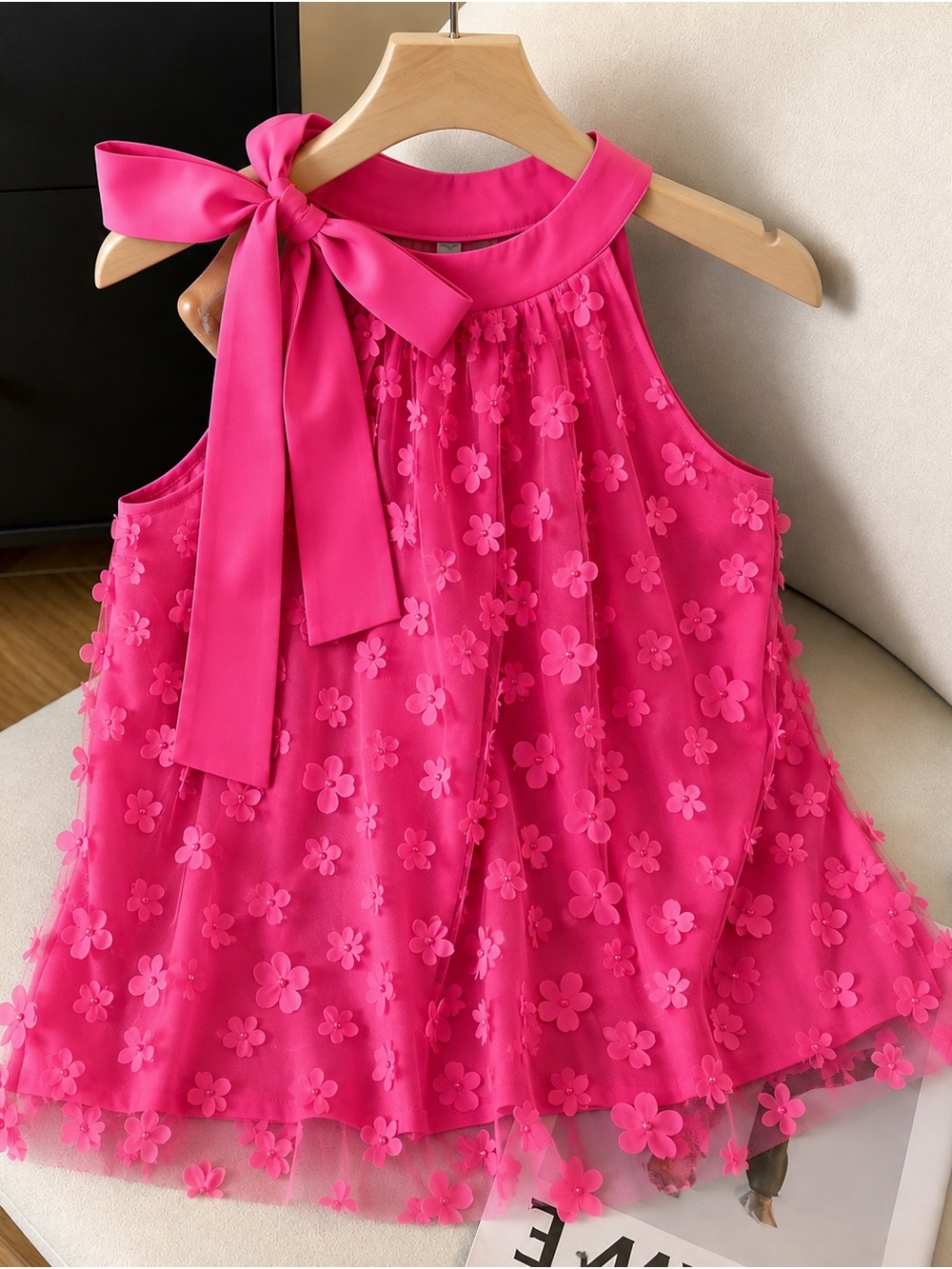 SHEIN Hot Pink Floral Appliqué Bow Halter Camisole